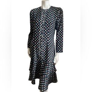 Leslie Fay Navy Blue Multicolor Polka Dot Midi Button Front Long Sleeve Dress